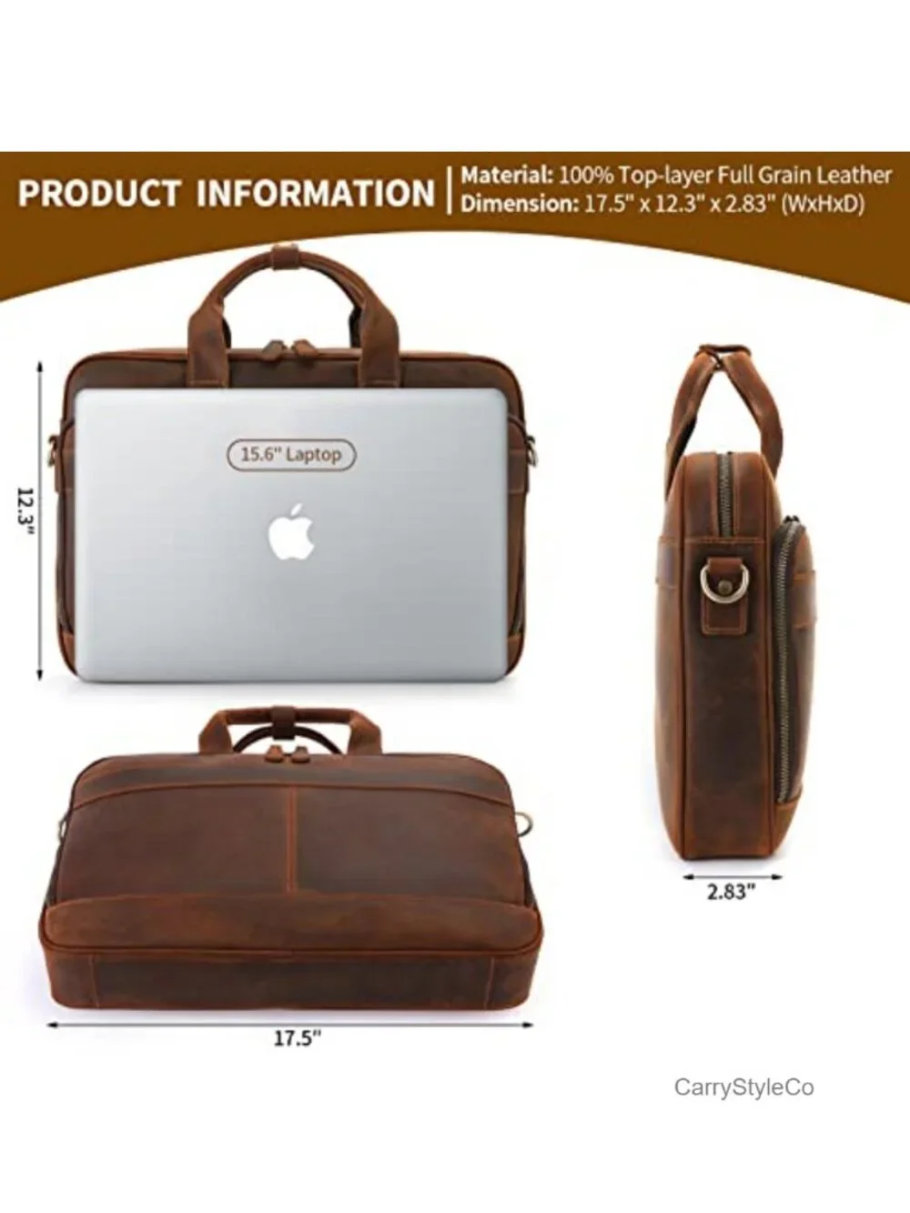 Full Grain Leather Briefcase for Men, Business Messenger Bag Laptop Bag Fits